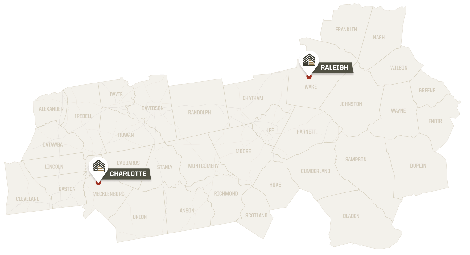Map highlighting the central region of North Carolina, showing counties with markers for Charlotte and Raleigh.