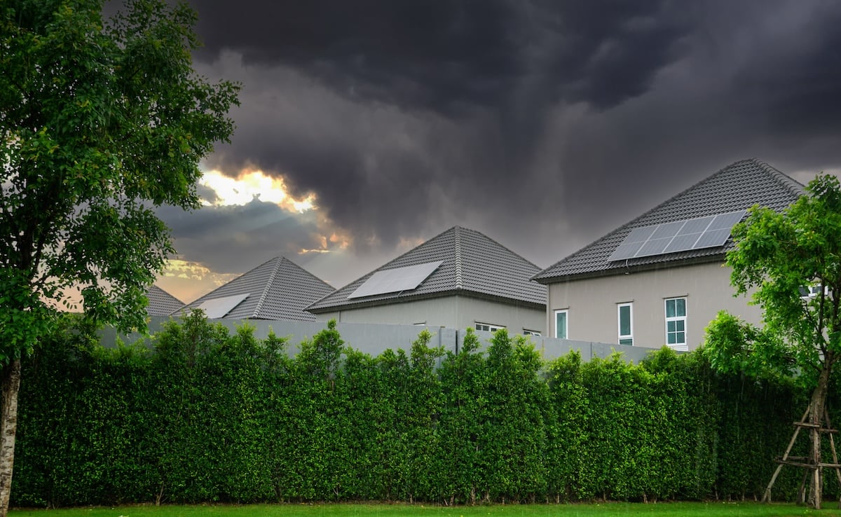 A row of modern houses with solar panels on their roofs stands resilient, set against a dramatic sky with dark storm clouds and a patch of sunlight. Despite the looming threat of storm damage, the serene scene in Chapel Hill is framed by a tall green hedge and a tree in the foreground.