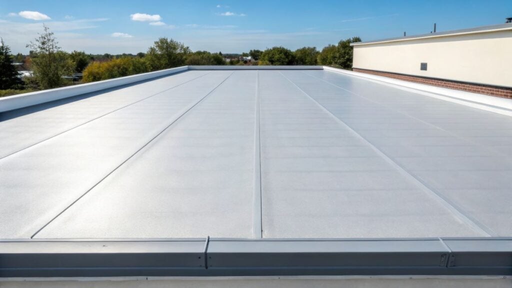 A flat commercial building roof with a smooth, light-colored surface, bordered by metal edges under a bright blue sky with scattered clouds and trees in the background—ideal for evaluating flat roof replacement cost options.