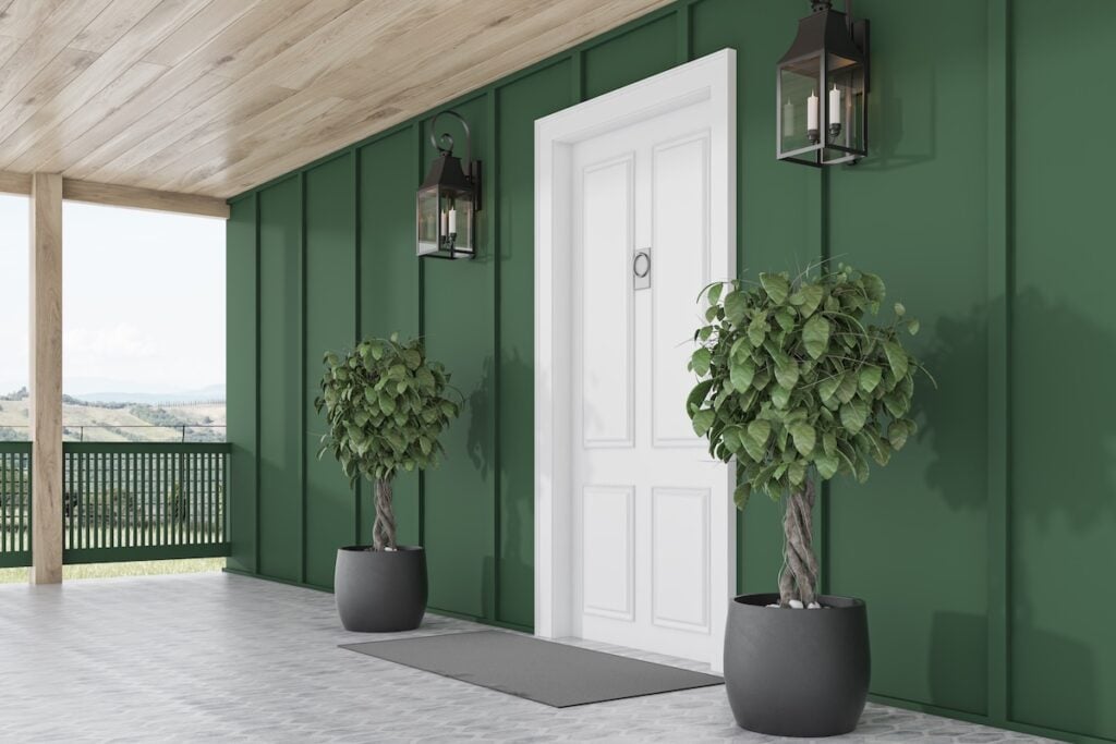 A green exterior wall with a white door is flanked by two potted plants.