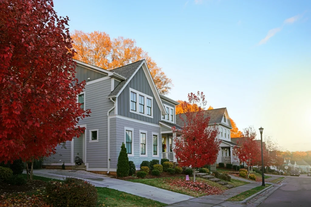 A row of modern suburban houses in downtown Raleigh, NC