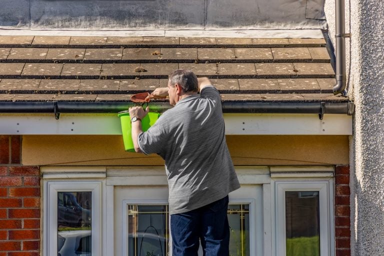 A man stands on a ladder cleaning debris from a house gutter with a small scoop, holding a green bucket in bright sunlight