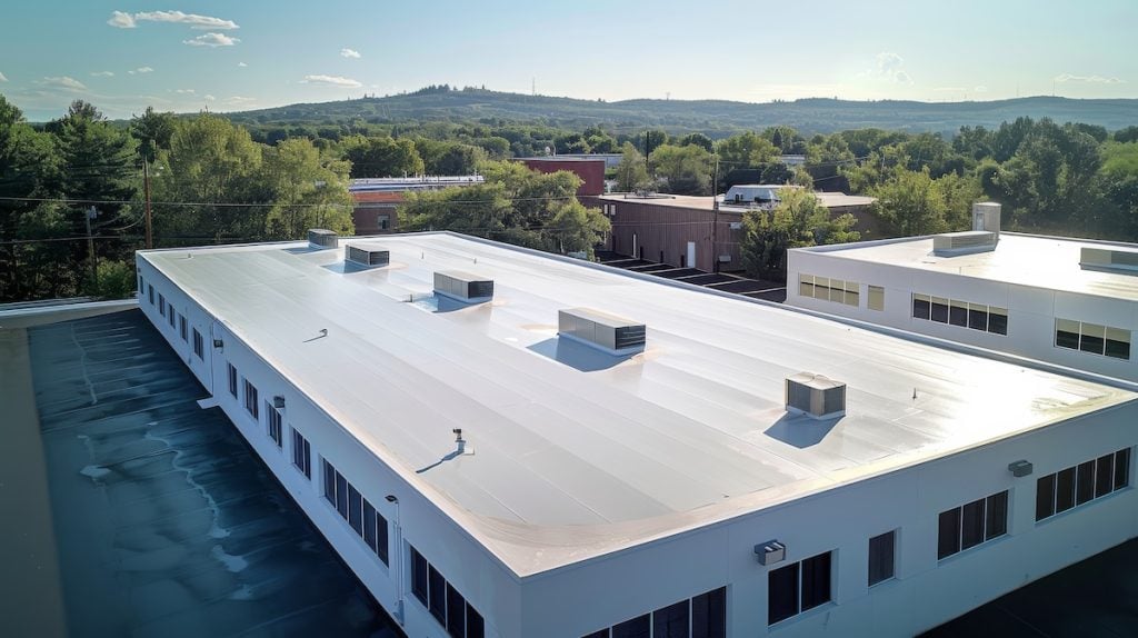 A flat white roof, expertly installed by commercial roofing contractors, sits atop a modern building surrounded by trees and neighboring structures, with hills and a clear sky in the background.