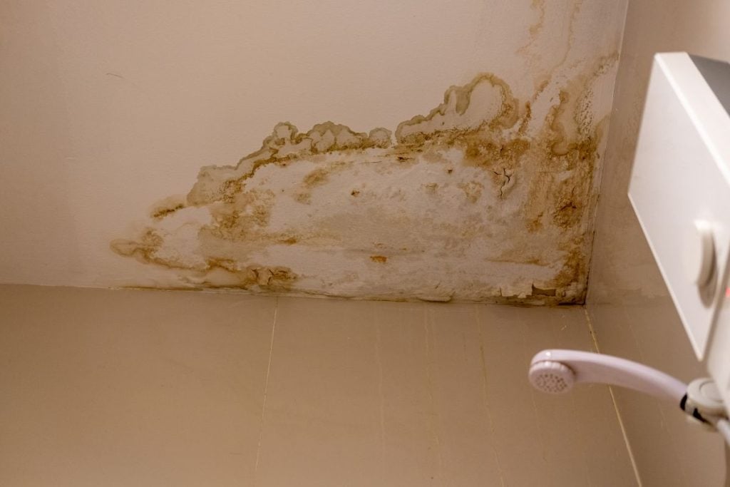 Water stains on ceiling inside bathroom shower