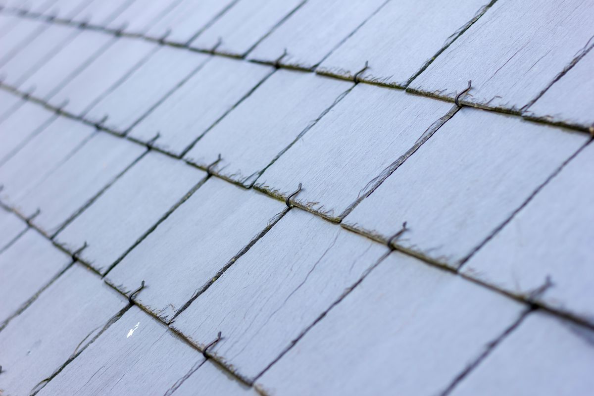 A close up portrait of a blue, black slate tile roof