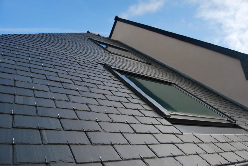 close-up of a tile roof with skylights