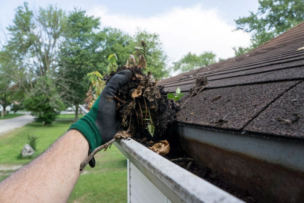 half round gutters A person wearing a green work glove removes leaves and debris from a house gutter by hand. The roof, trees, and a lawn are visible in the background.