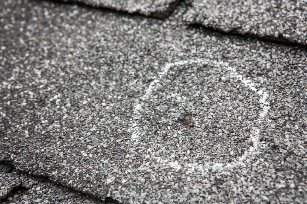 A close-up of an asphalt shingle roof with a small damaged spot circled in white chalk, highlighting an area needing repair.