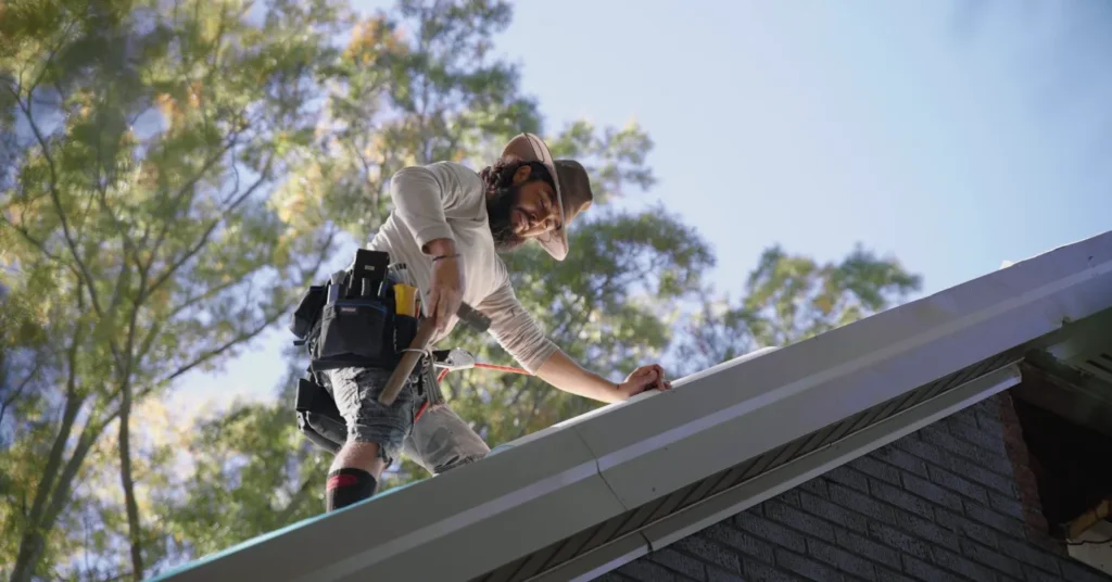 roof replacement cost raleigh nc Trees are visible in the background. roof replacement cost raleigh nc A person wearing a hat and tool belt works on the roof of a house, using a tool near the roof edge with trees visible in the background.