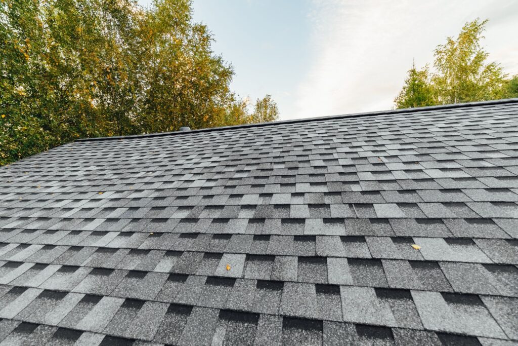 A pitched roof covered in grey architectural shingles with trees in the background.
